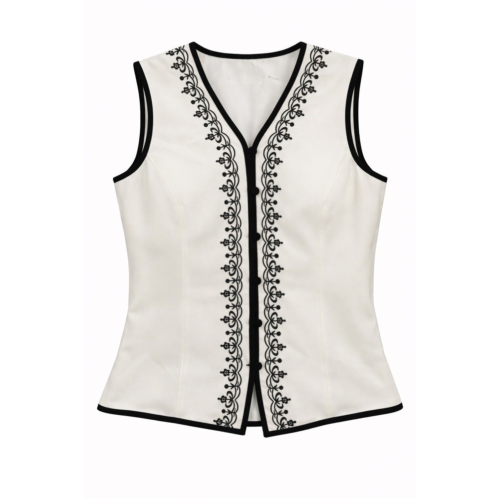 Vintage Petite White Button-Up Vest Black Floral Embroidery Victorian P